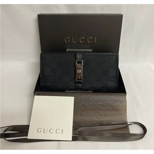 Gucci Jackie Bifold Wallet Black Leather GG canvas COA Box Ribbon All Inclusive